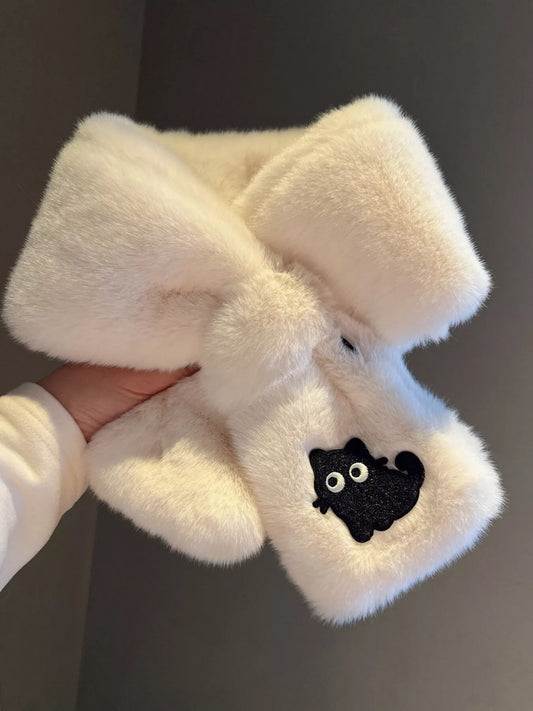 Cream plush scarf with a black kitty patch, soft and cozy winter accessory