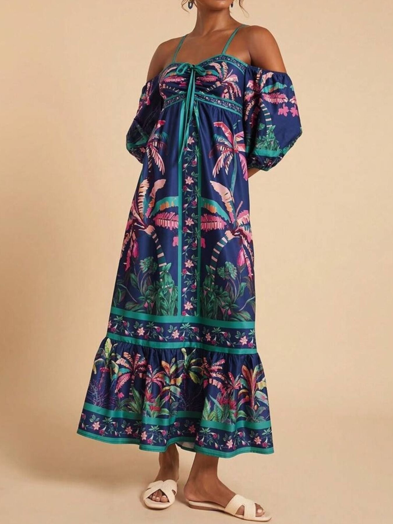 Navy tropical print off shoulder maxi dress with floral border detail