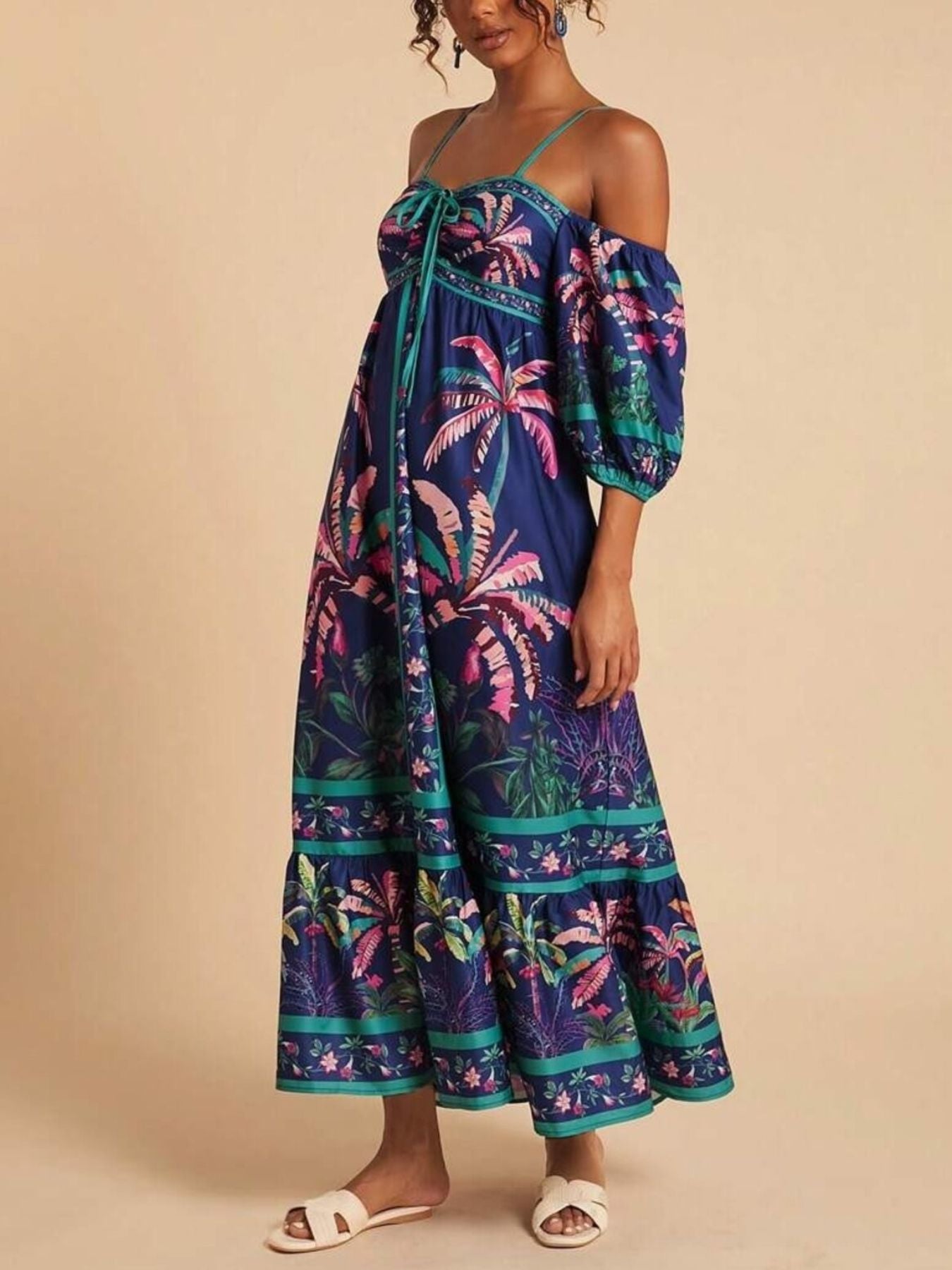 Navy tropical print off shoulder maxi dress with floral border detail