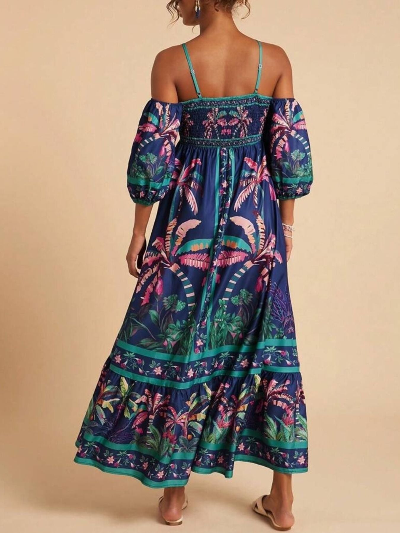 Navy tropical print off shoulder maxi dress with floral border detail