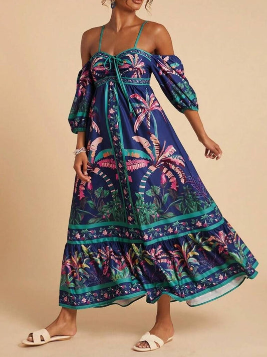 Navy tropical print off shoulder maxi dress with floral border detail