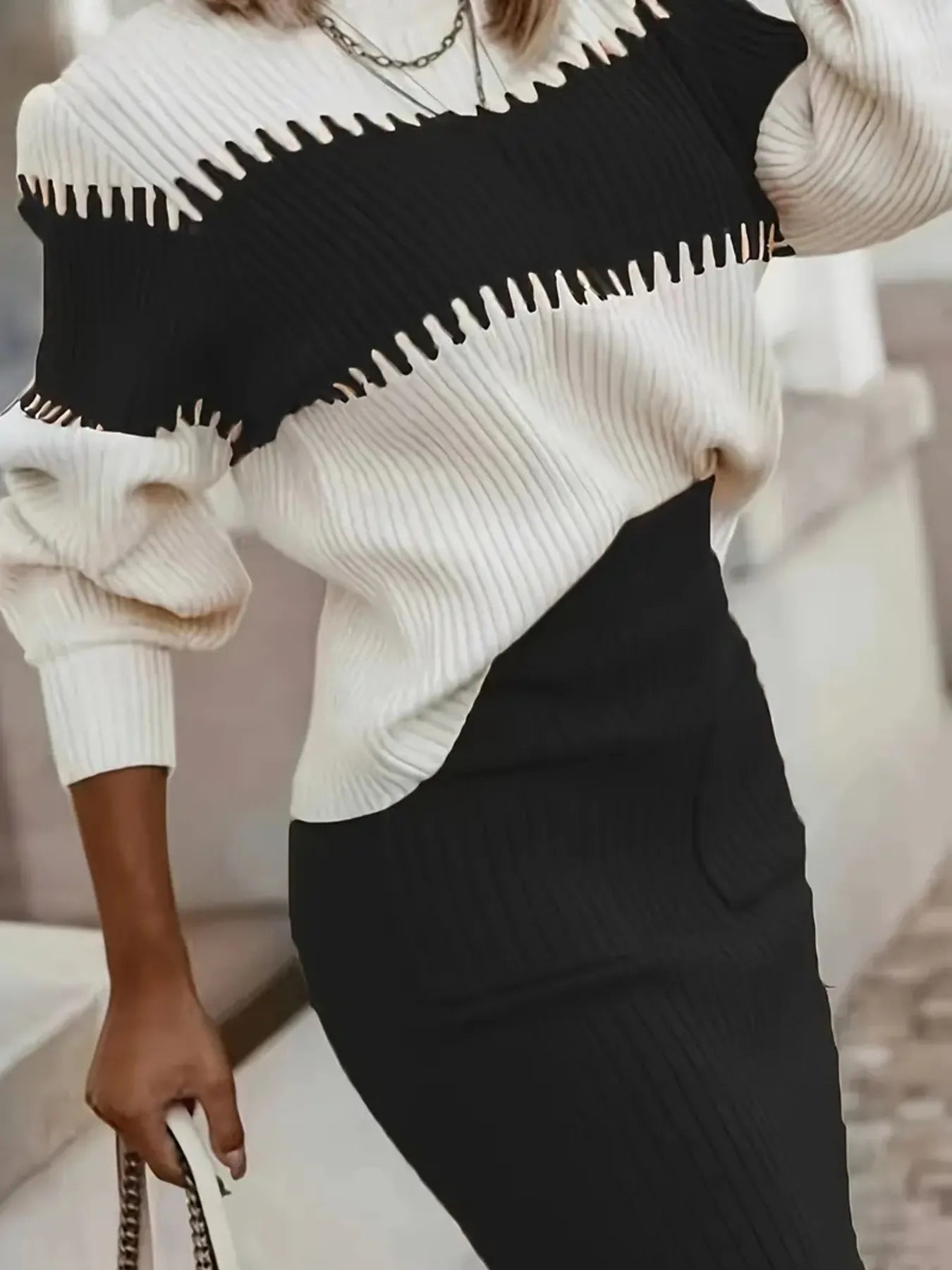 Two-tone ribbed knit sweater set with top and skirt – Modern Harmony style from A Whimsical Affair.