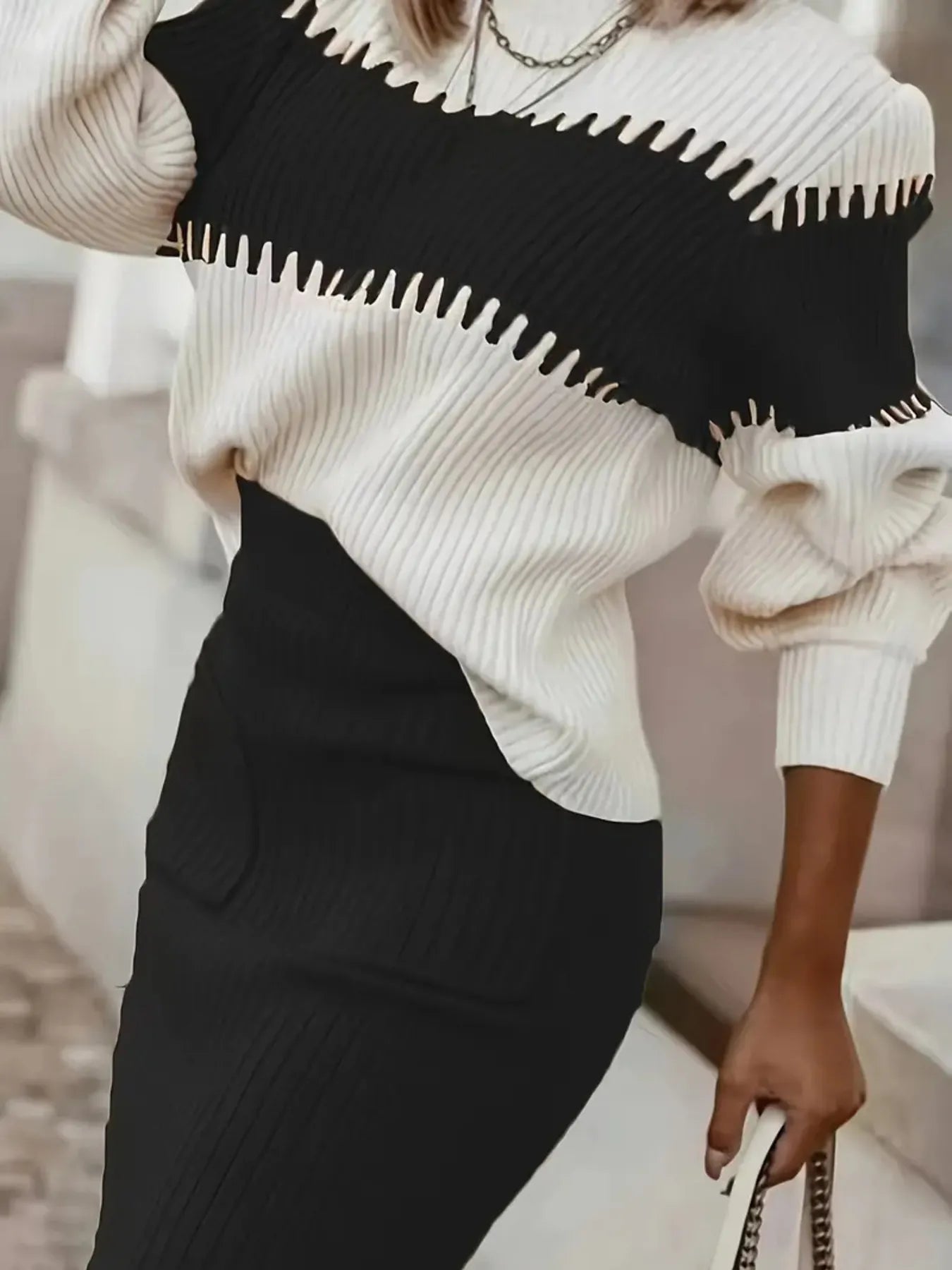 Two-tone ribbed knit sweater set with top and skirt – Modern Harmony style from A Whimsical Affair.