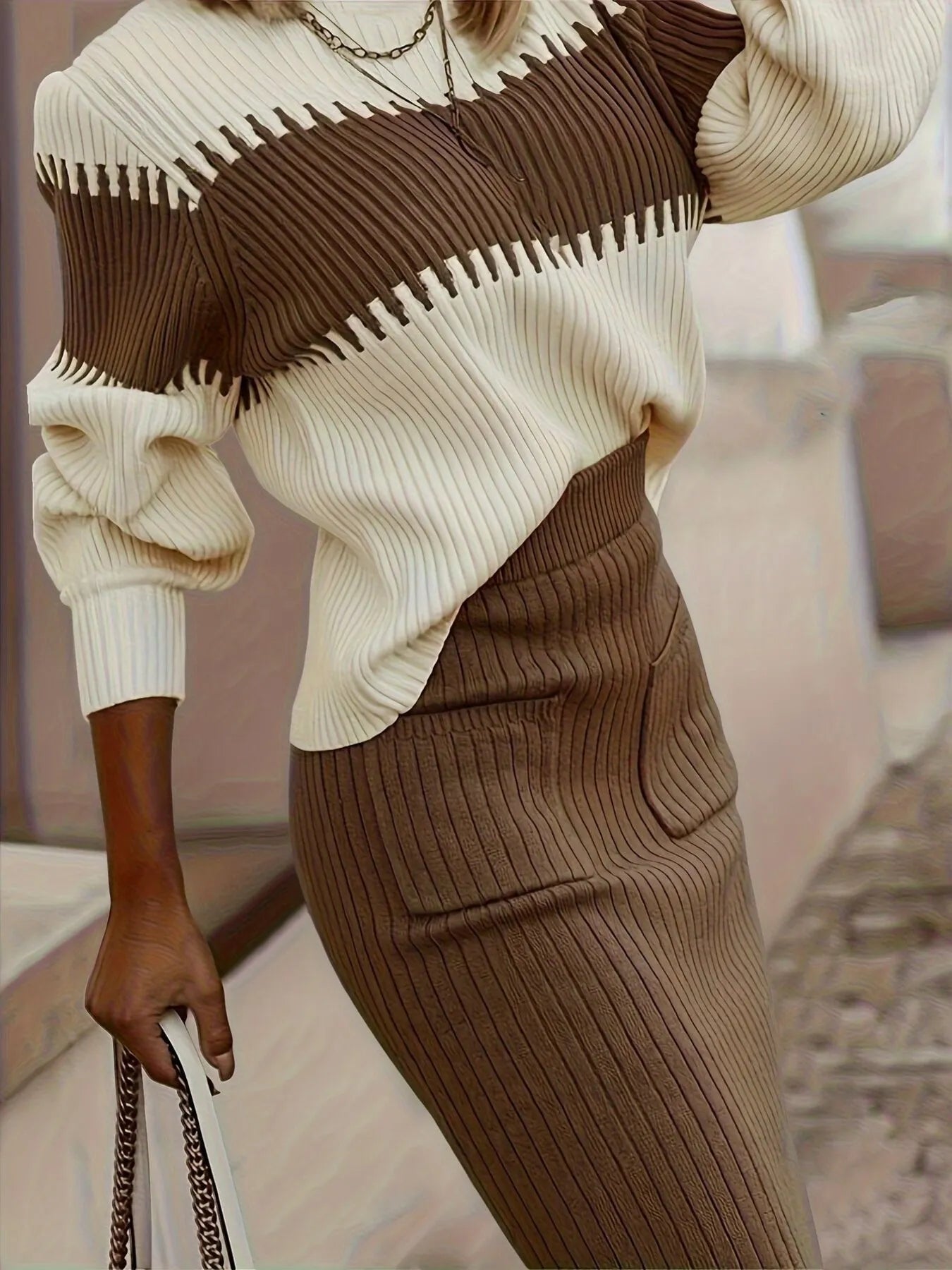 Two-tone ribbed knit sweater set with top and skirt – Modern Harmony style from A Whimsical Affair.