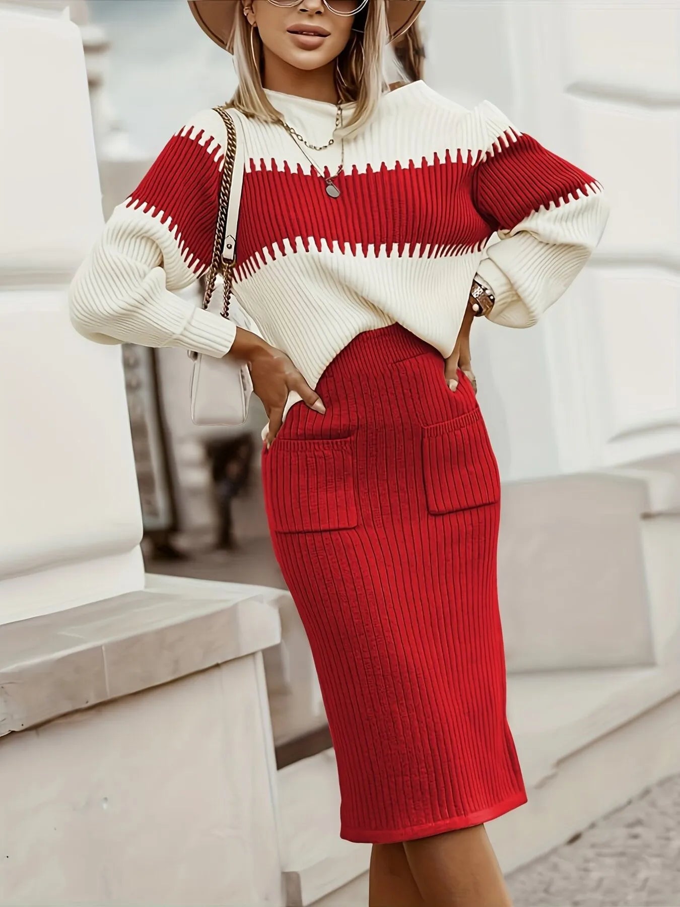 Two-tone ribbed knit sweater set with top and skirt – Modern Harmony style from A Whimsical Affair.