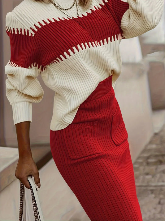 Two-tone ribbed knit sweater set with top and skirt – Modern Harmony style from A Whimsical Affair.
