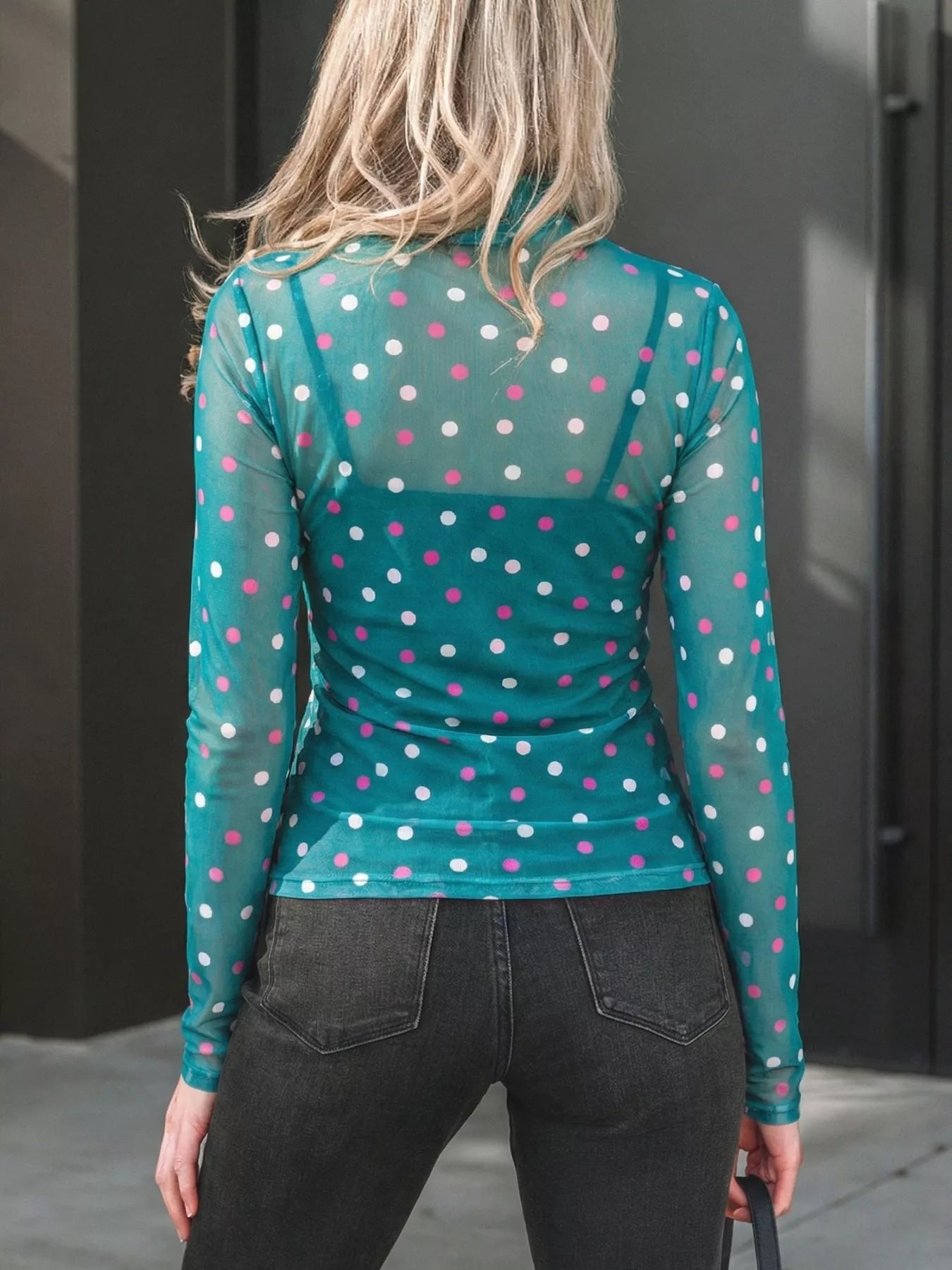 Sheer long sleeve polka dot mesh top with mock neckline