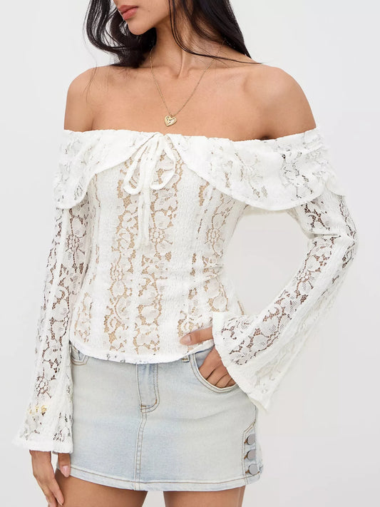 White off-shoulder sheer lace top with ruffled neckline and bell sleeves.