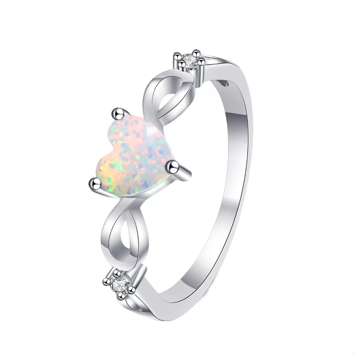 Heart-shaped opal ring with platinum-plated sterling silver infinity band and zircon accents