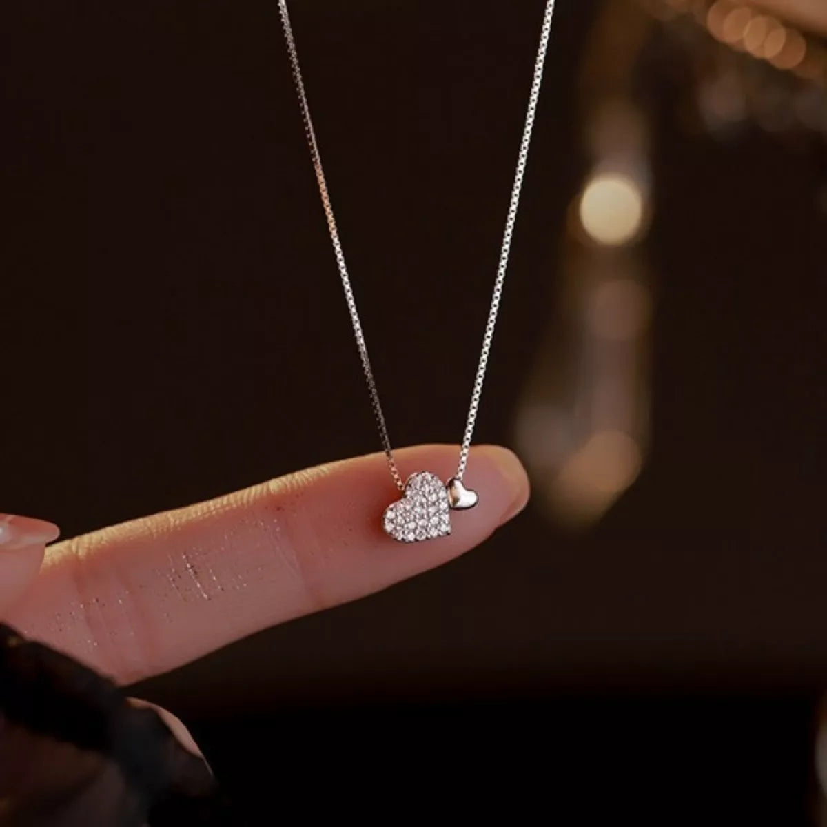sterling silver double heart necklace with sparkling zircon pavé pendant
