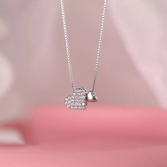 sterling silver double heart necklace with sparkling zircon pavé pendant