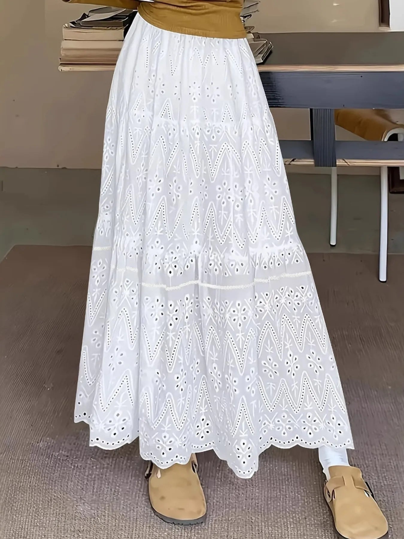 White tiered maxi skirt with eyelet lace detailing – Moonlit Meadow style from A Whimsical Affair.