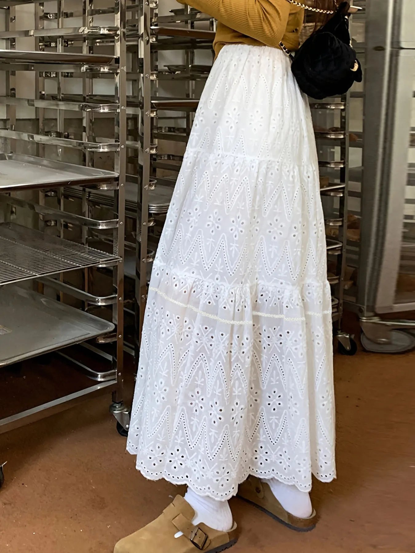 White tiered maxi skirt with eyelet lace detailing – Moonlit Meadow style from A Whimsical Affair.