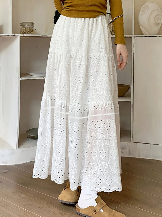 White tiered maxi skirt with eyelet lace detailing – Moonlit Meadow style from A Whimsical Affair.