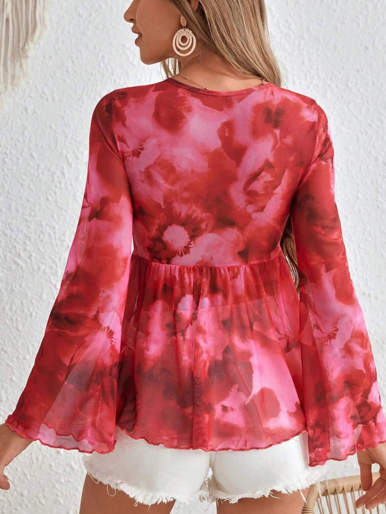 Moonlit Muse Blouse – sheer tie-front flare sleeve top in strawberry red.