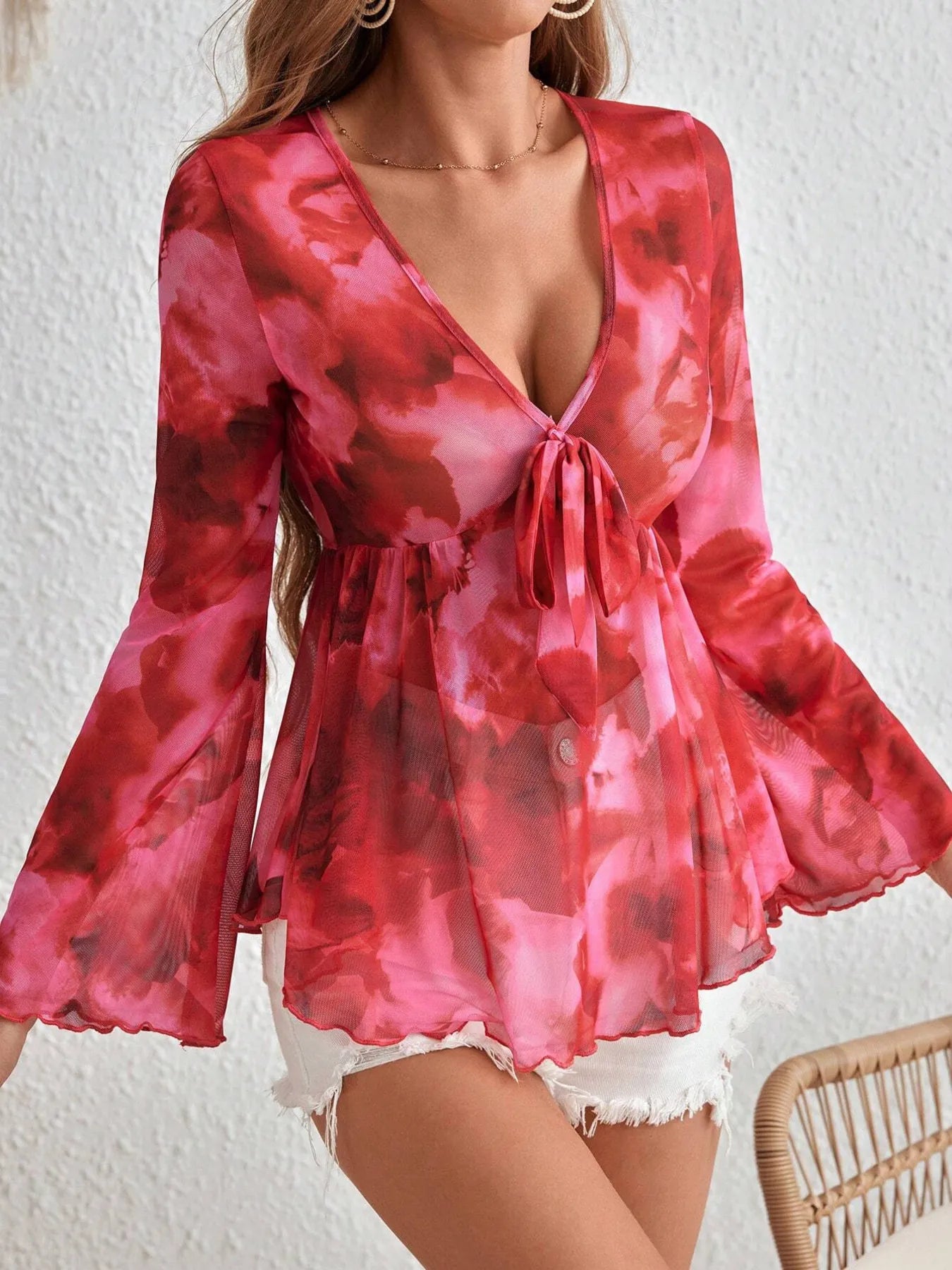 Moonlit Muse Blouse – sheer tie-front flare sleeve top in strawberry red.