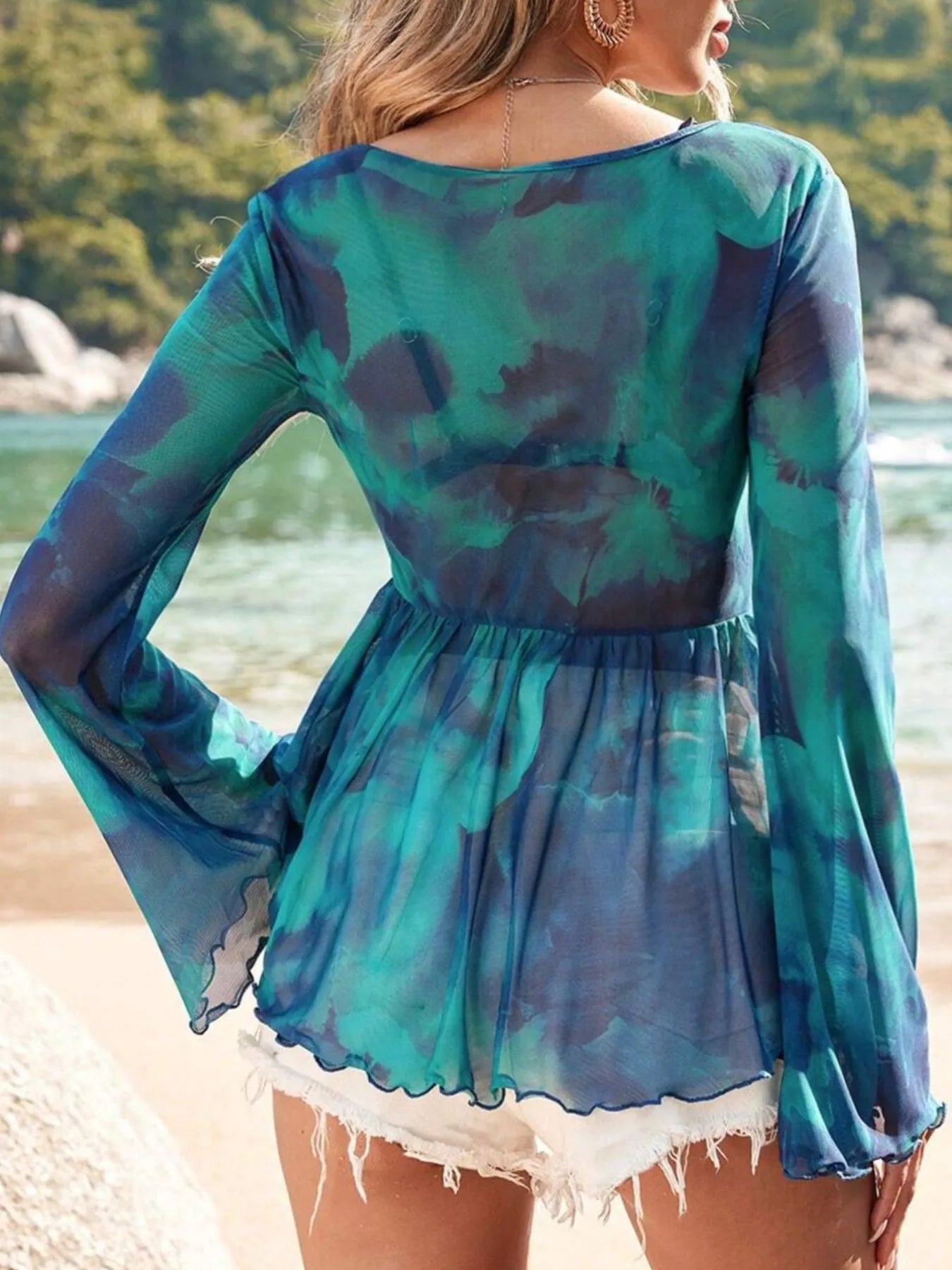 Moonlit Muse Blouse – sheer tie-front flare sleeve top in teal blue-green.