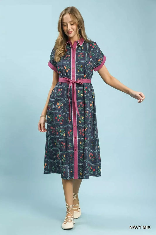 navy floral midi dress with button-front detail and belted waist in a romantic boho style