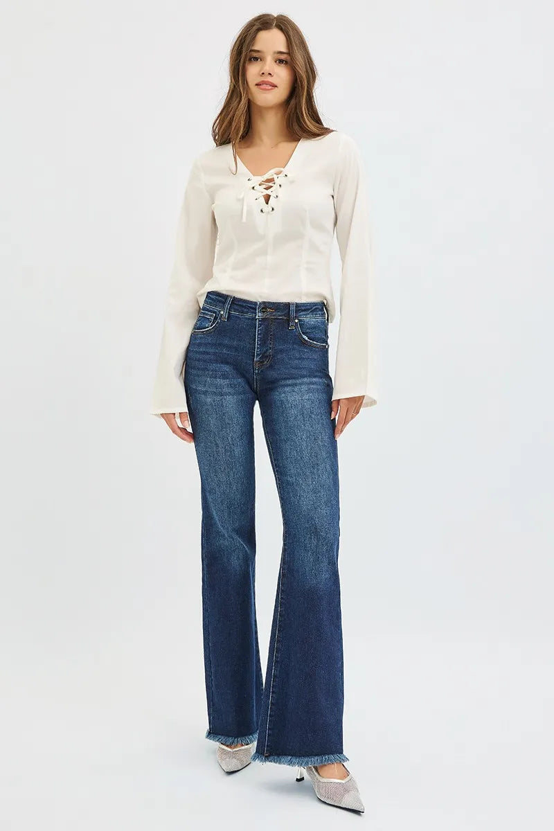 Moonrise Control Flare Jeans – mid rise denim with tummy control fit and raw hem flare legs from A Whimsical Affair.