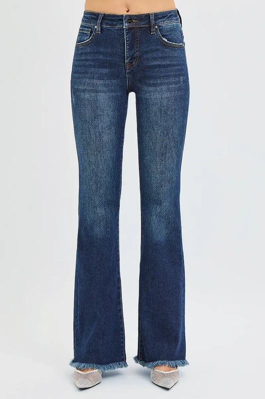 Moonrise Control Flare Jeans – mid rise denim with tummy control fit and raw hem flare legs from A Whimsical Affair.