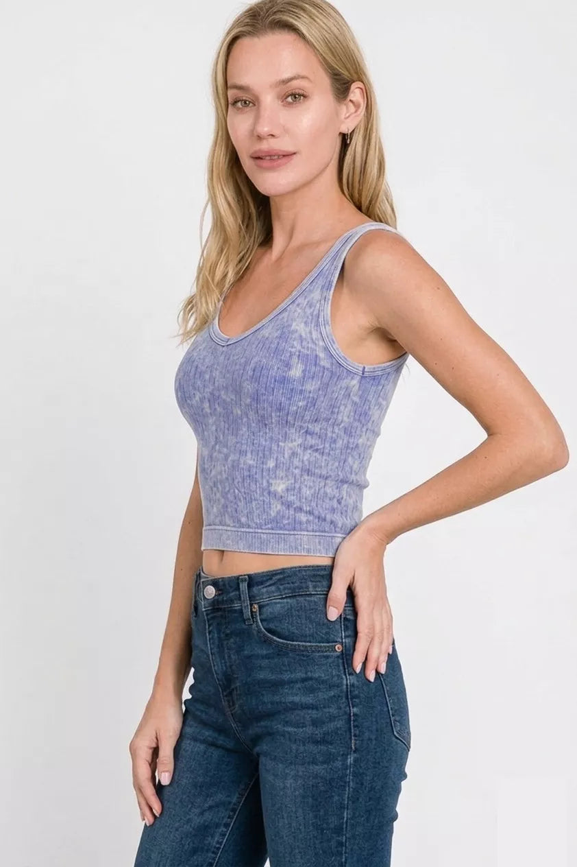 vintage wash indigo ribbed cropped tank top with v neckline