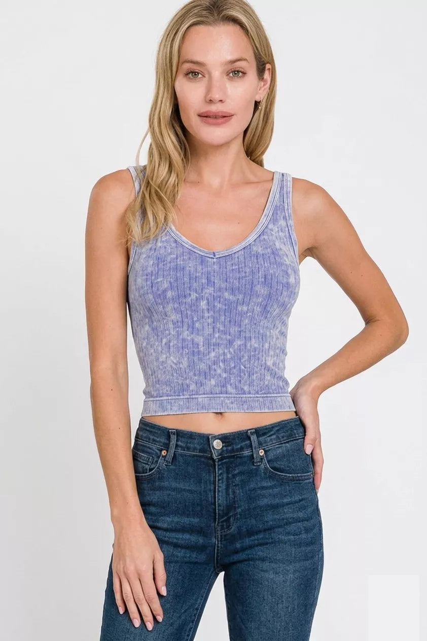 vintage wash indigo ribbed cropped tank top with v neckline