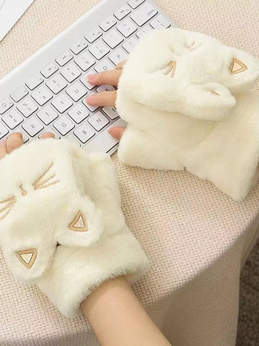 Cream plush fingerless gloves with embroidered cat paw face details