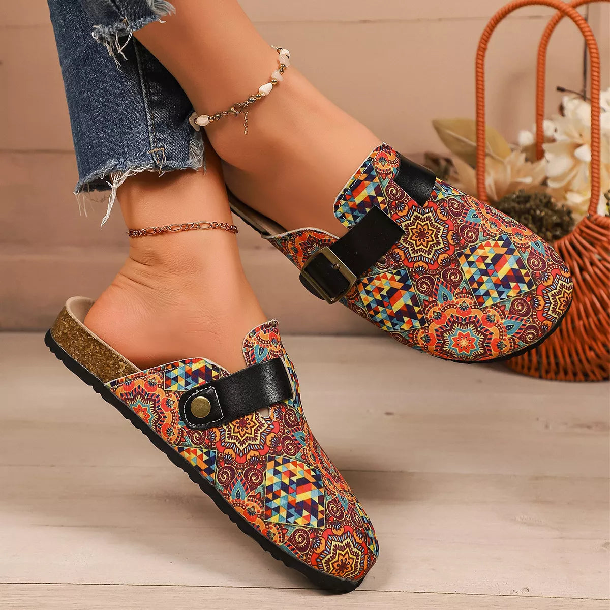Colorful geometric patterned clogs with black buckle strap and flat sole, styled with ankle bracelets.
