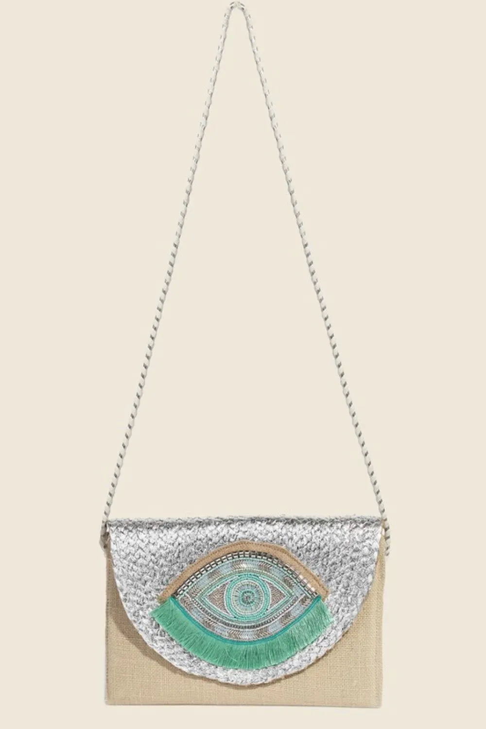 Small boho envelope bag with intricate beaded eye design – Mystic Gaze style from A Whimsical Affair.