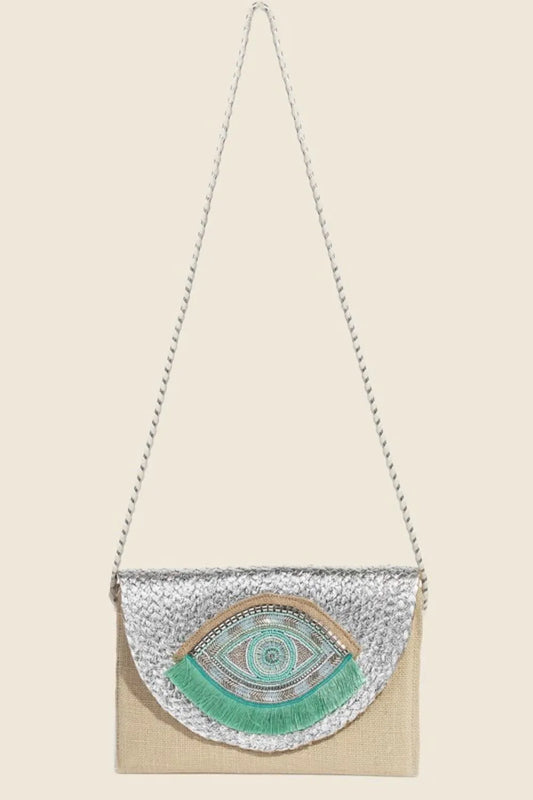 Small boho envelope bag with intricate beaded eye design – Mystic Gaze style from A Whimsical Affair.