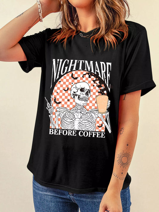 Black Halloween tee with skeleton holding coffee and “Nightmare Before Coffee” text – Nightmare style from A Whimsical Affair.
