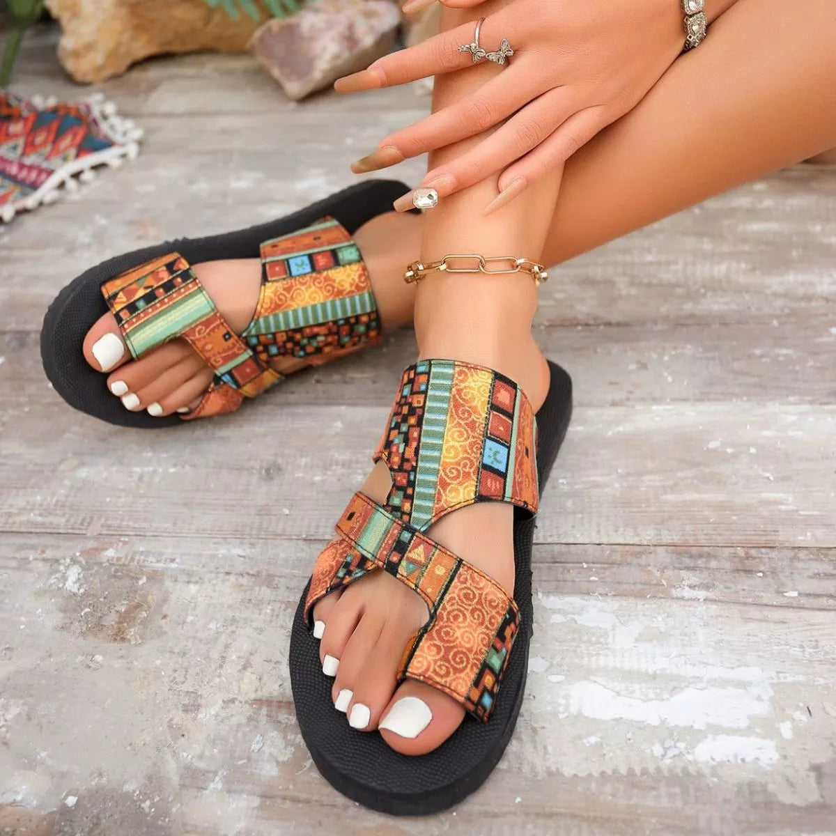Multicolor patchwork strap slide sandals with black sole