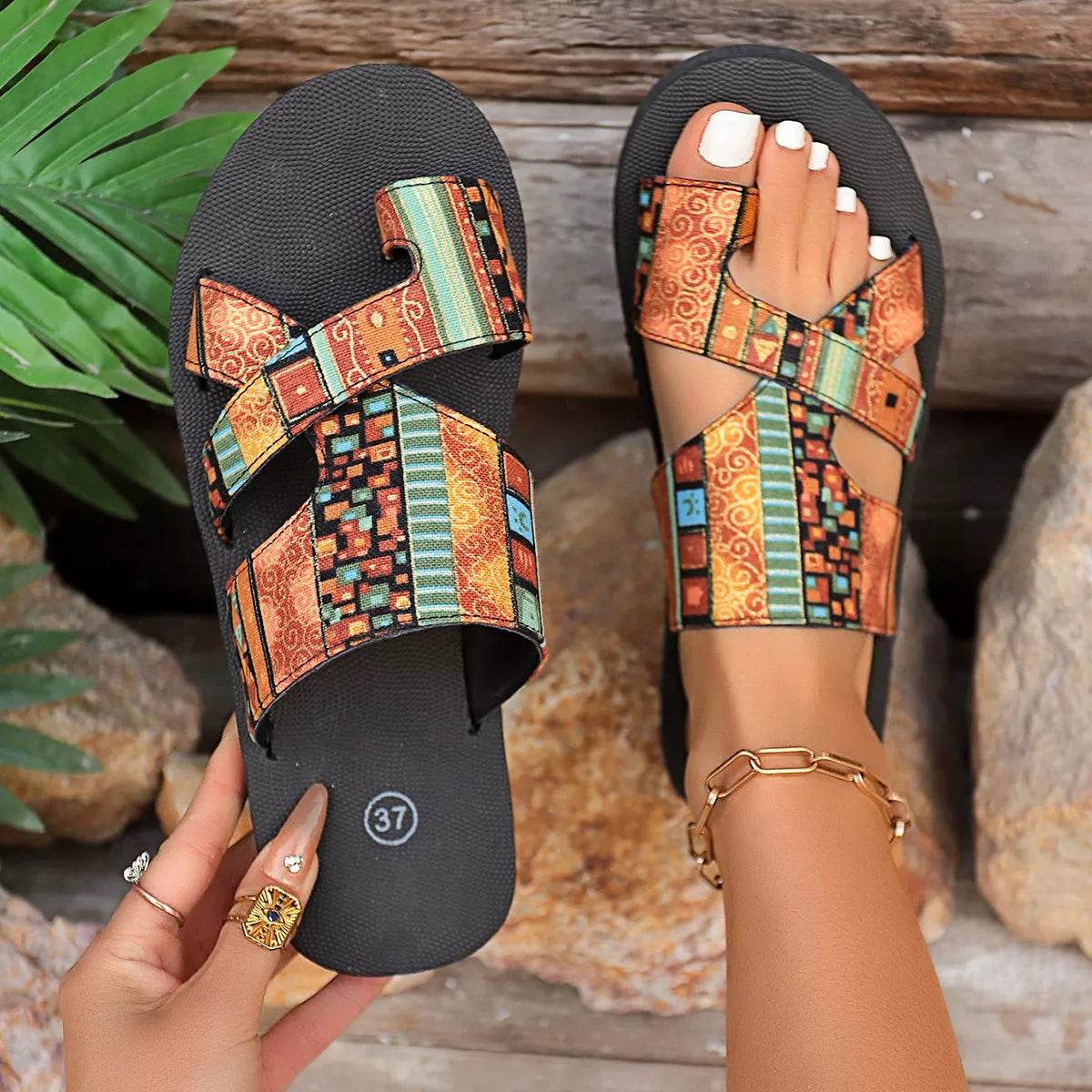 Multicolor patchwork strap slide sandals with black sole