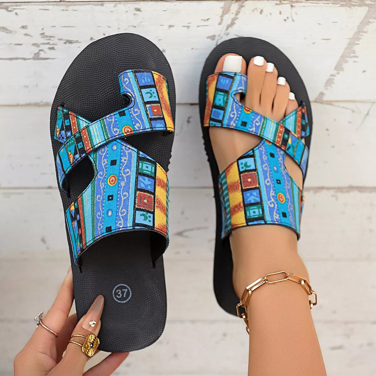 Multicolor patchwork strap slide sandals with black sole