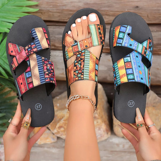 Multicolor patchwork strap slide sandals with black sole