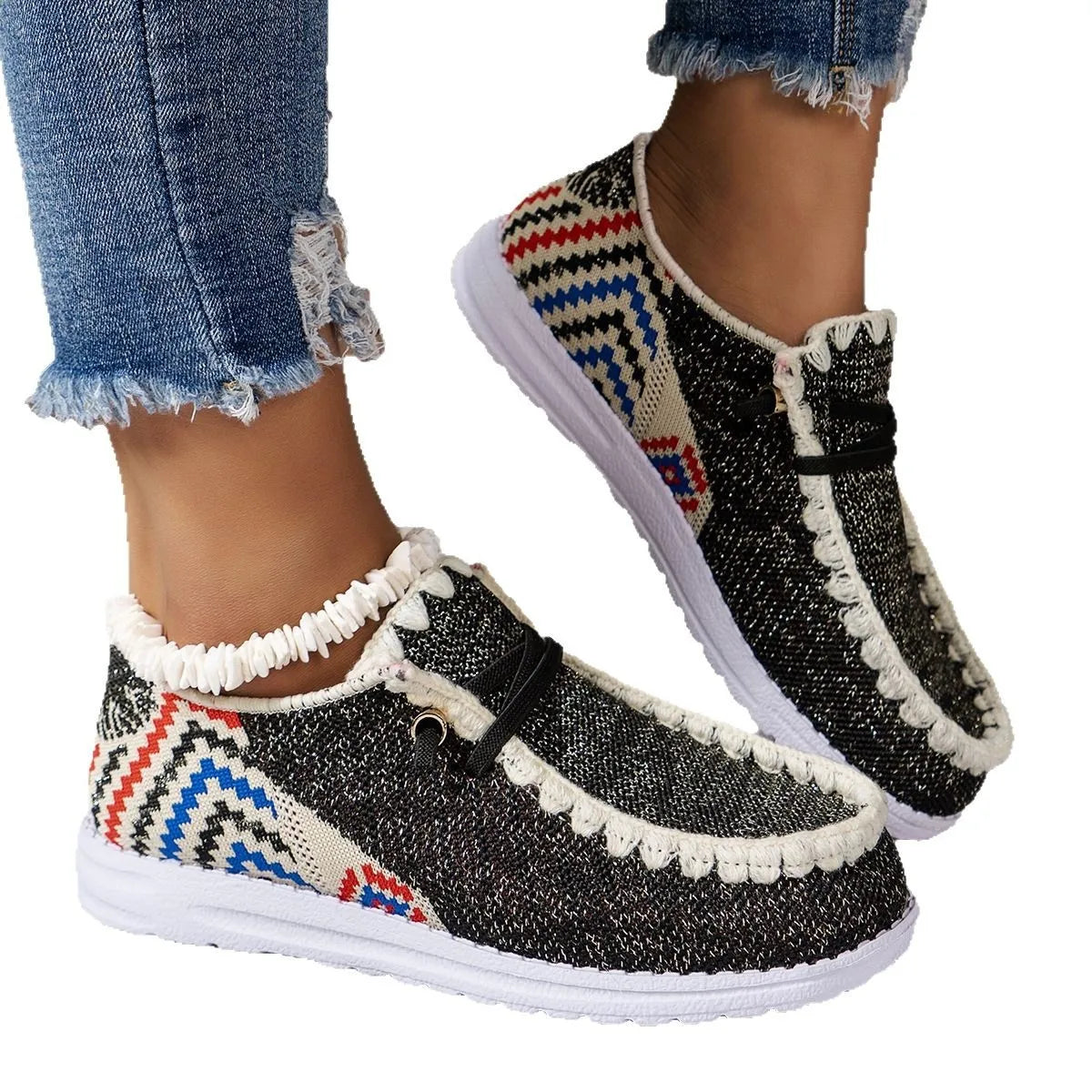 Nomad Steps Round Toe Flats – boho canvas flats with round toe, geometric print, and stitched trim.