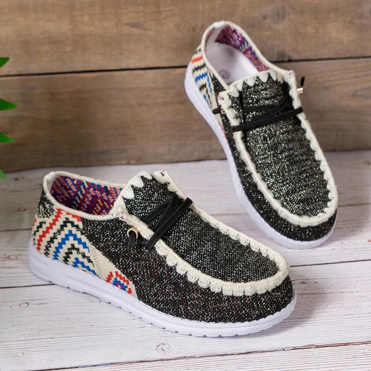 Nomad Steps Round Toe Flats – boho canvas flats with round toe, geometric print, and stitched trim.