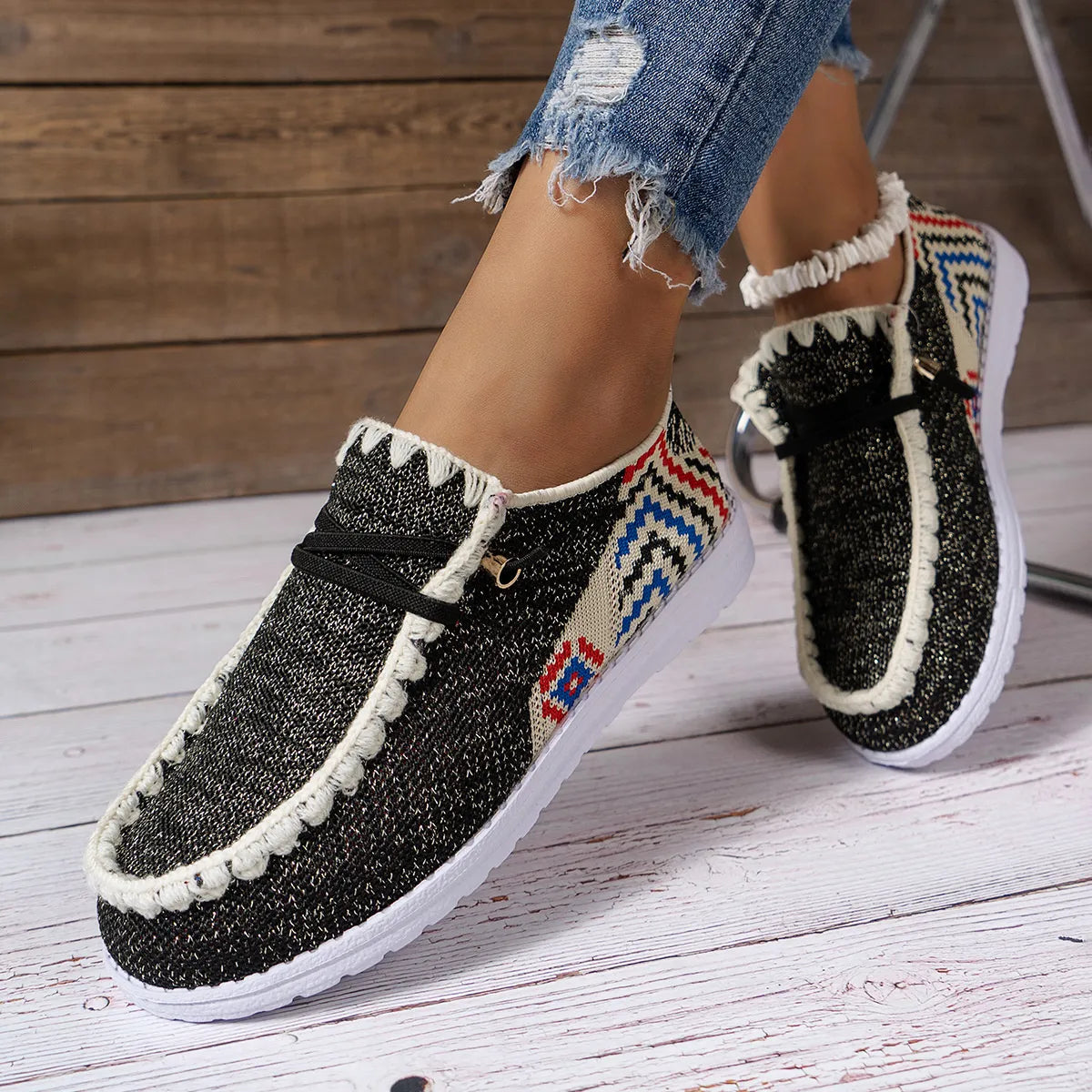 Nomad Steps Round Toe Flats – boho canvas flats with round toe, geometric print, and stitched trim.