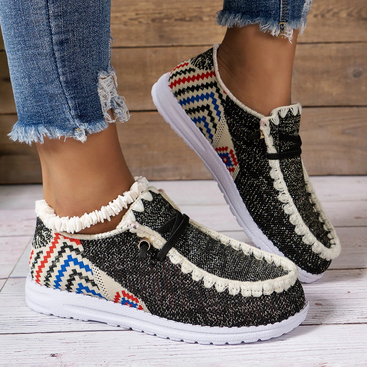 Nomad Steps Round Toe Flats – boho canvas flats with round toe, geometric print, and stitched trim.