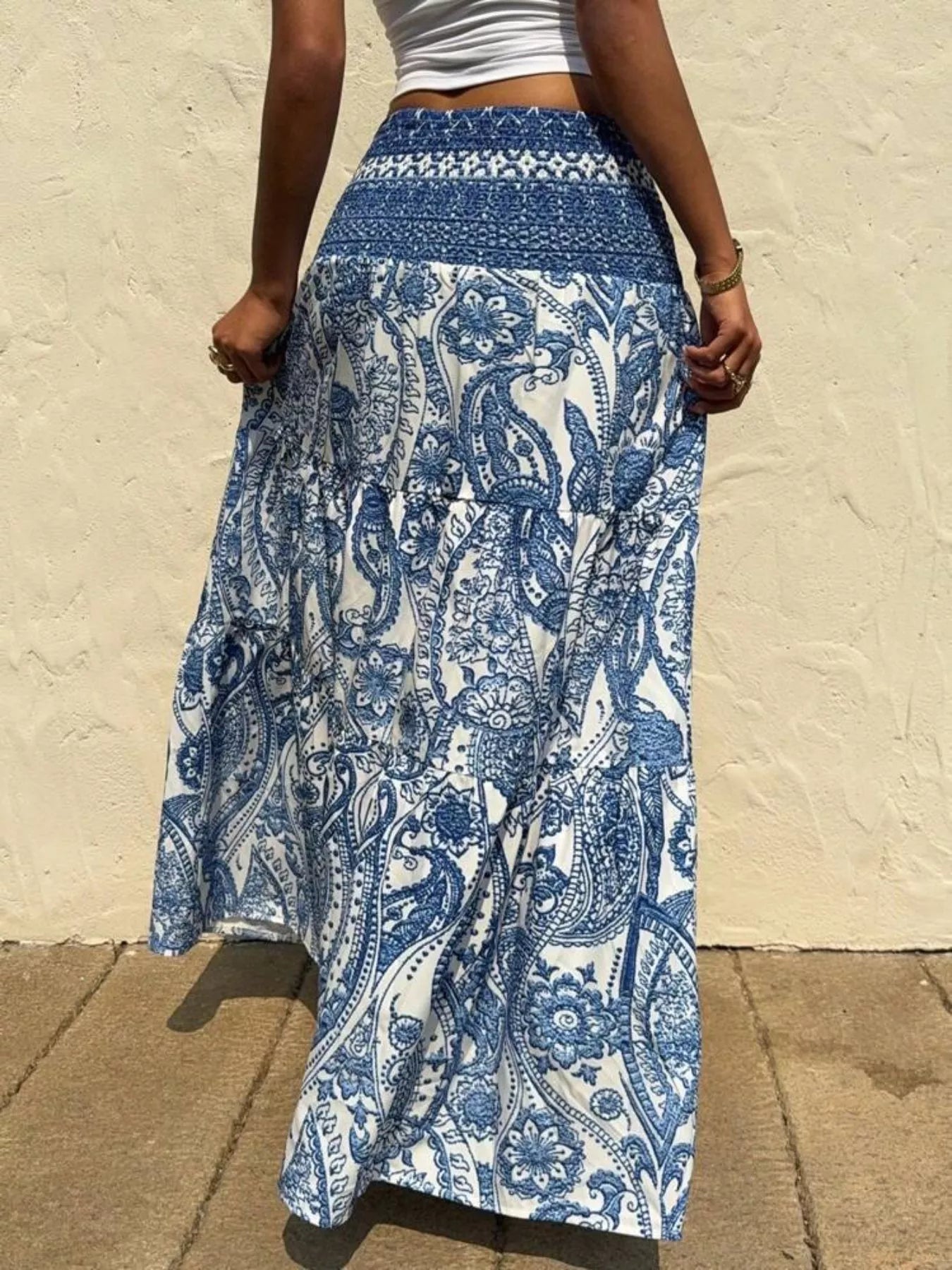 Ocean Breeze Maxi Skirt – blue and white high-waisted paisley floral print maxi skirt, boho coastal style.