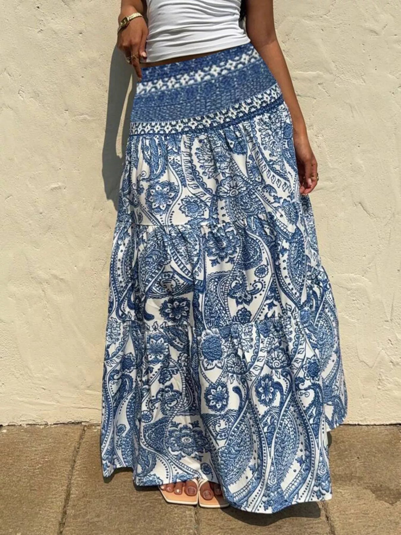 Ocean Breeze Maxi Skirt – blue and white high-waisted paisley floral print maxi skirt, boho coastal style.