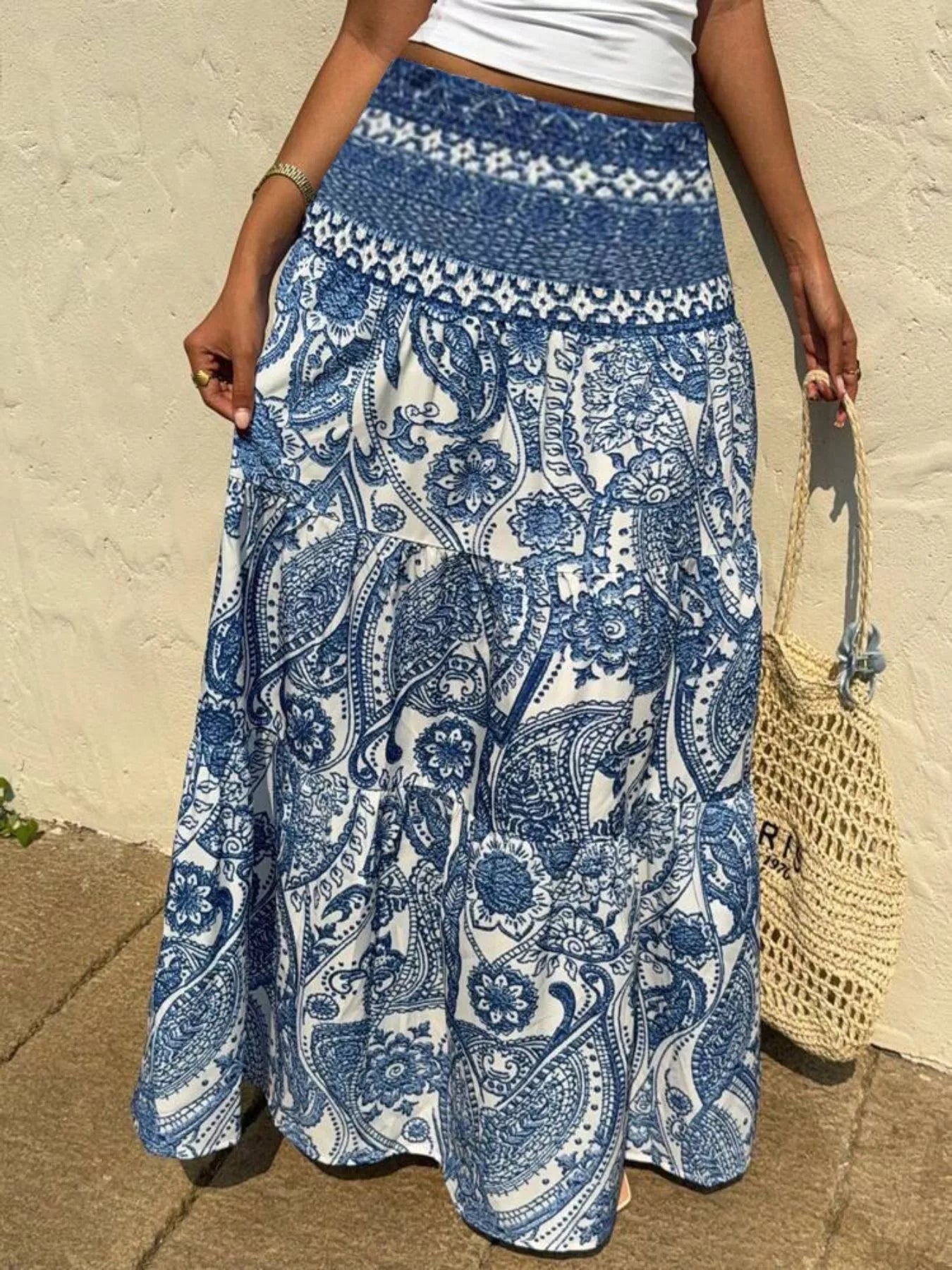 Ocean Breeze Maxi Skirt – blue and white high-waisted paisley floral print maxi skirt, boho coastal style.