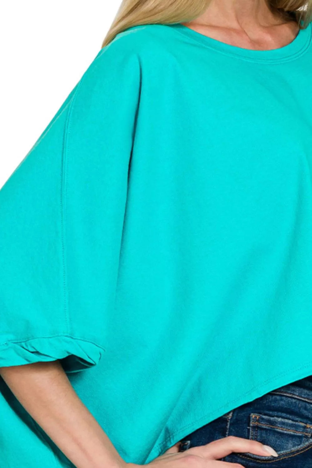 Turquoise oversized cotton t-shirt with boxy fit and round neckline – casual relaxed style top