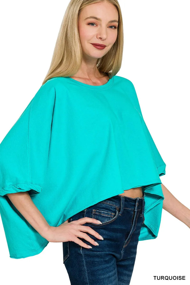 Turquoise oversized cotton t-shirt with boxy fit and round neckline – casual relaxed style top