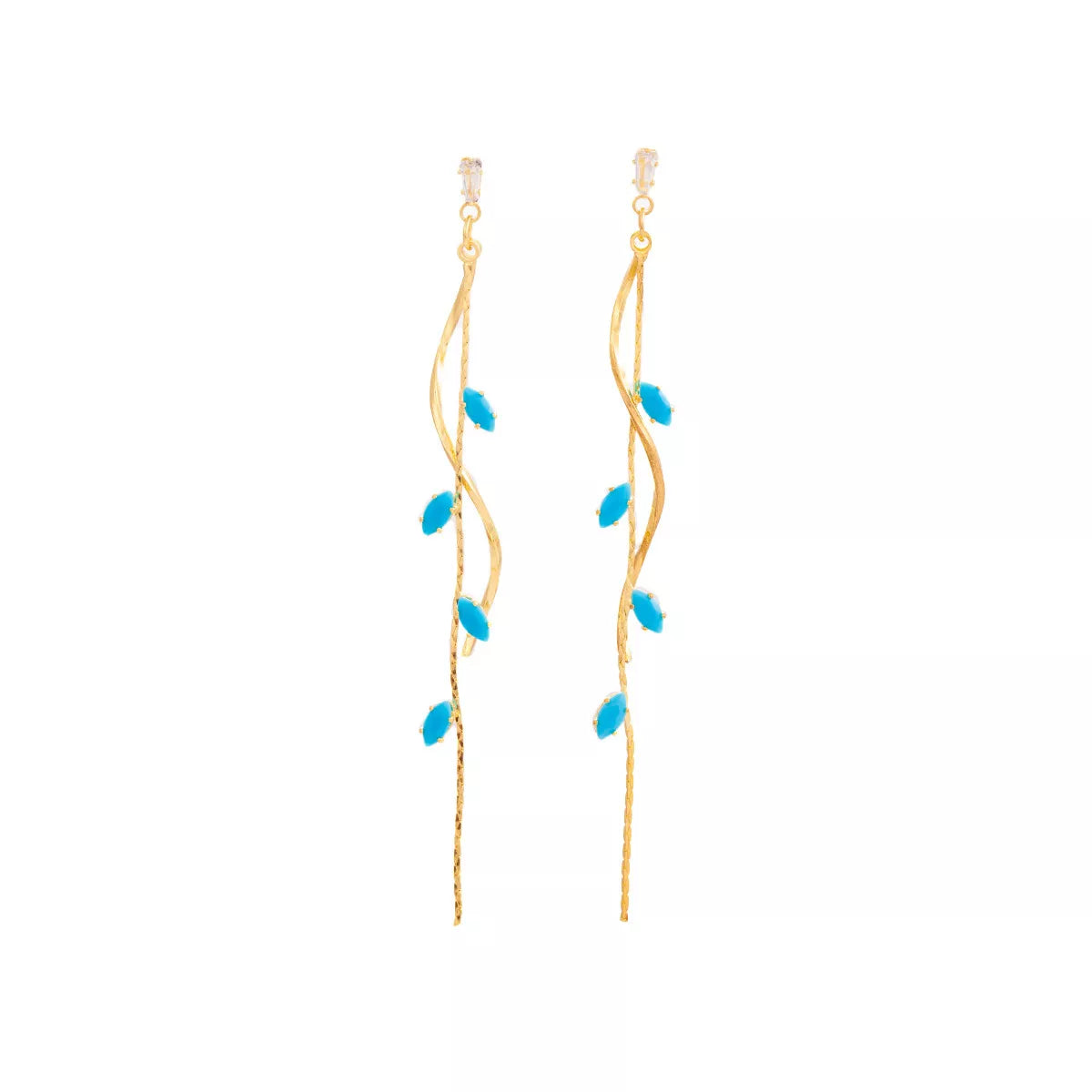 Woman wearing 18K gold-plated turquoise drop earrings with vine design — elegant ocean-inspired jewelry from A Whimsical Affair.