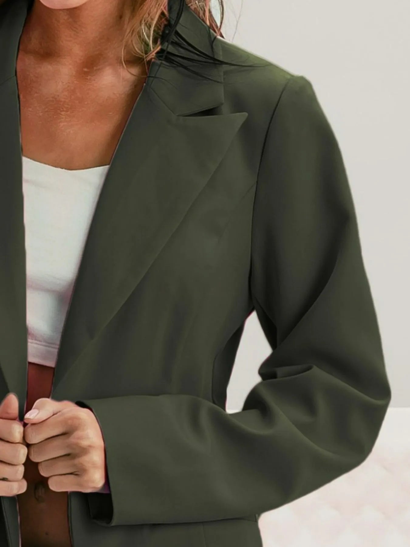 Olive Aura Belted Blazer – BiBi single breasted peaked lapel blazer with belted waist in olive green.