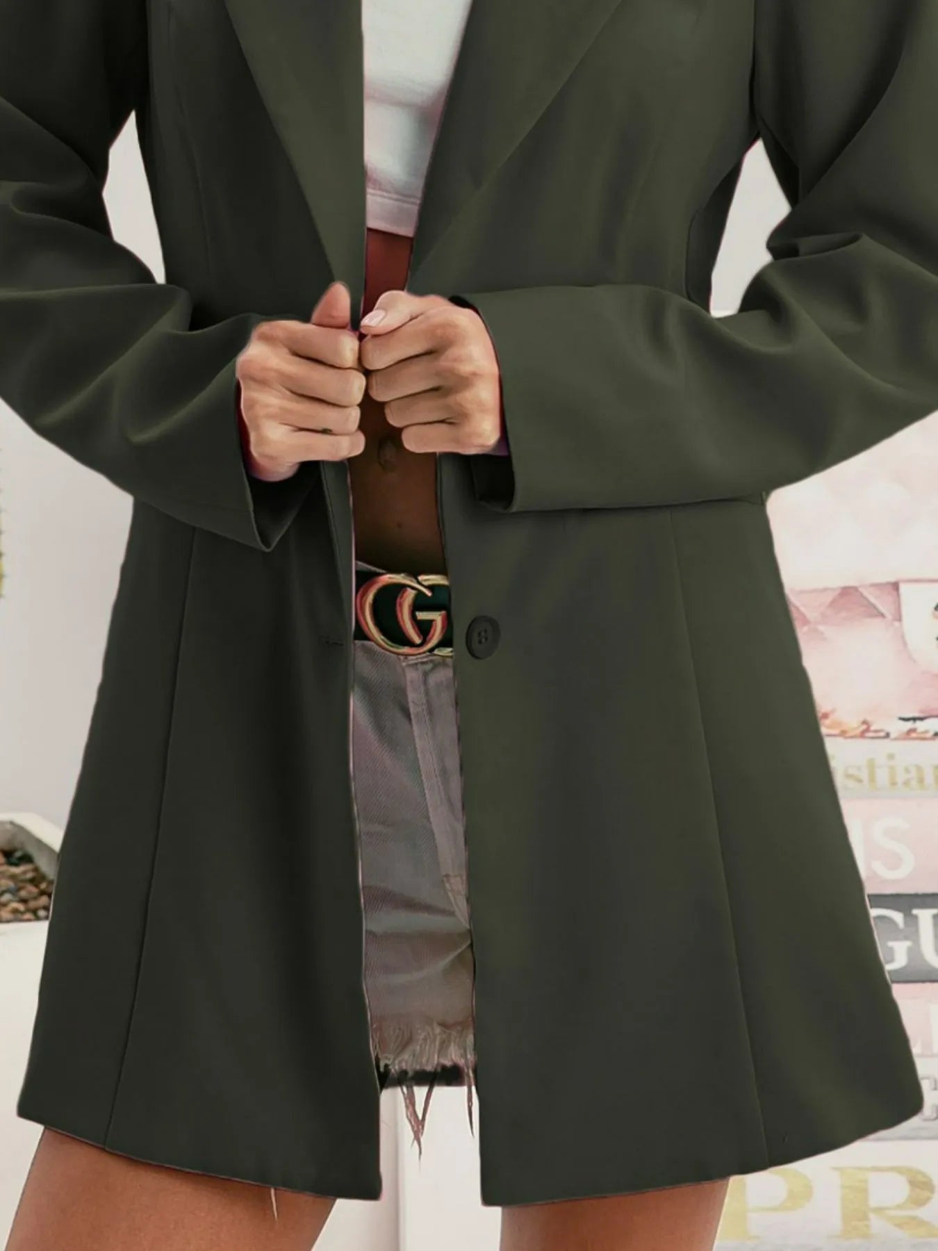 Olive Aura Belted Blazer – BiBi single breasted peaked lapel blazer with belted waist in olive green.