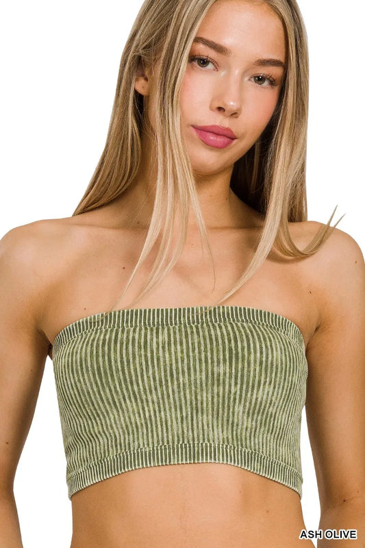 Olive ribbed strapless tube top with seamless stretch fit