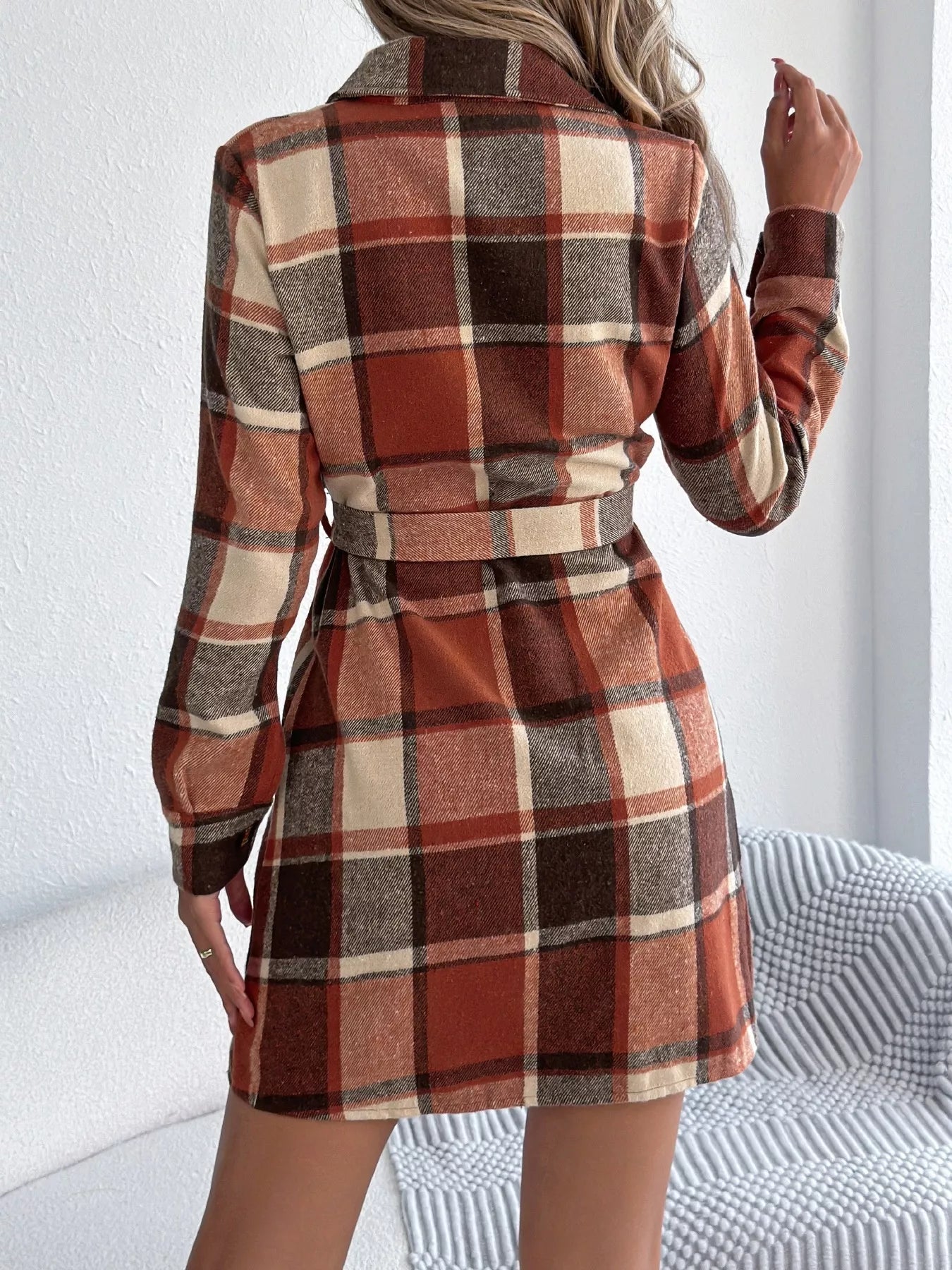 Highland Charm Plaid Dress – belted button-down long sleeve plaid dress in classic checkered print