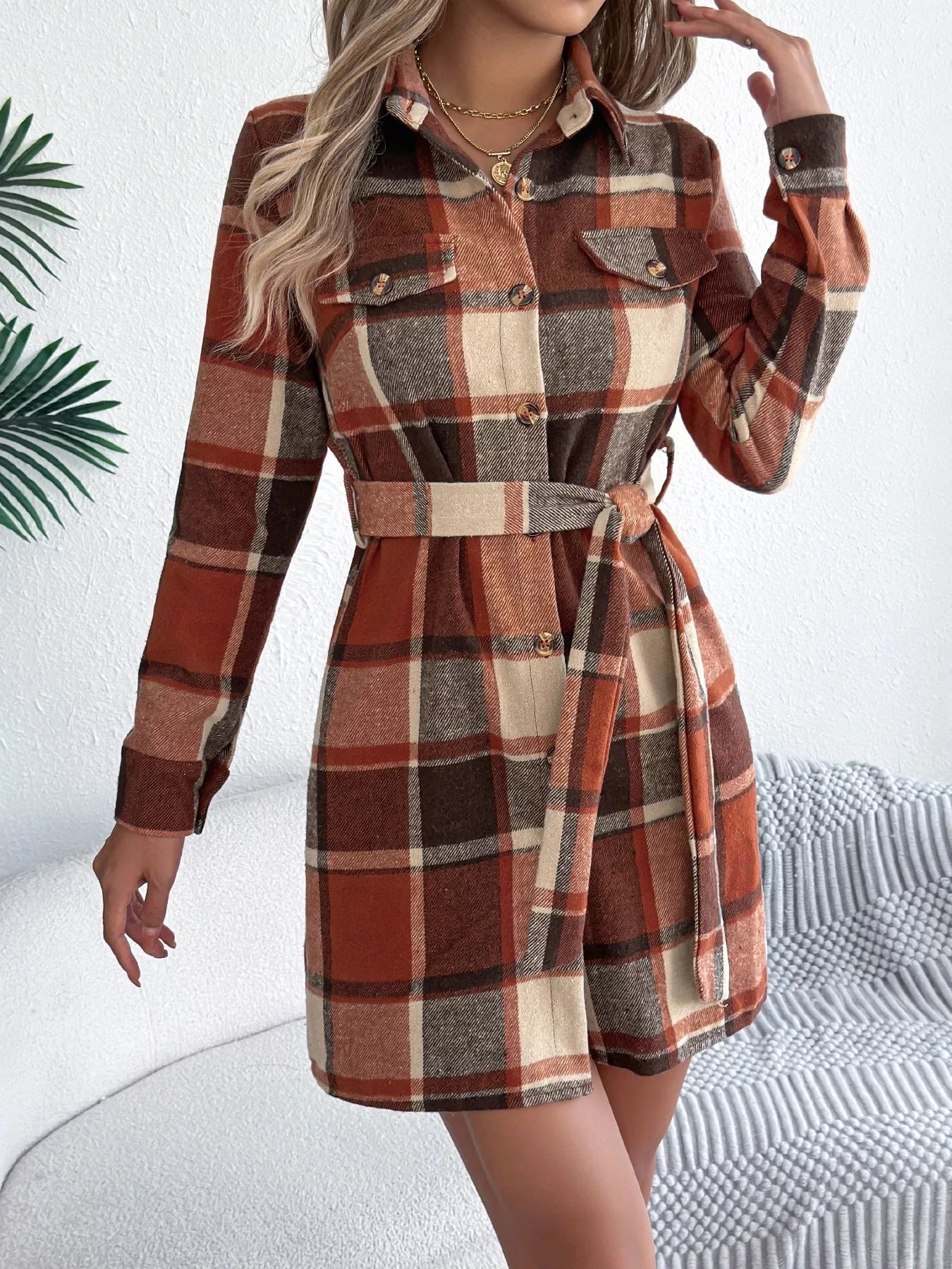 Highland Charm Plaid Dress – belted button-down long sleeve plaid dress in classic checkered print